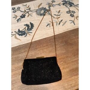 Valerie Stevens Black‎ Beaded Evening Bag Clutch Gold Chain Strap Handbag